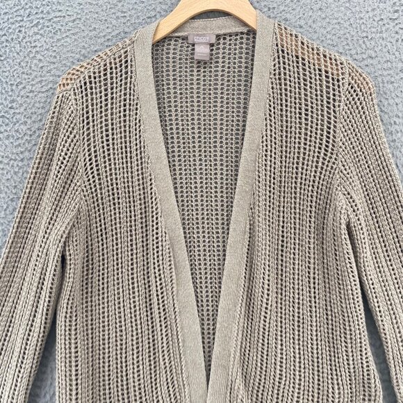 Chicos Sweater Womens 0 US Small Beige Shimmer Open Knit Cardigan 3/4 Sleeves - Picture 2 of 11